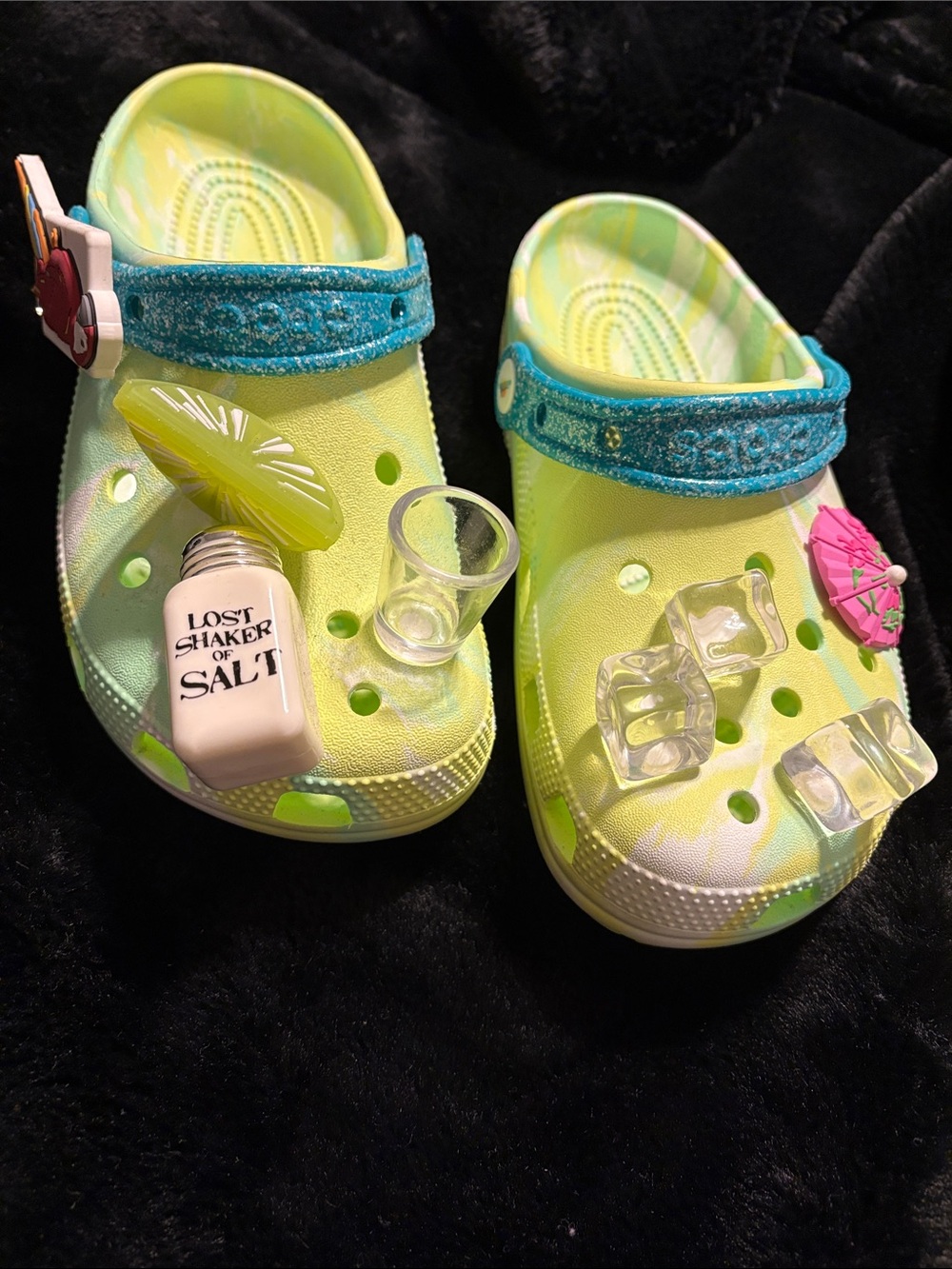 CROCS Neon Yellow-Green Clog Sandals with Teal Glitter Strap and Charms